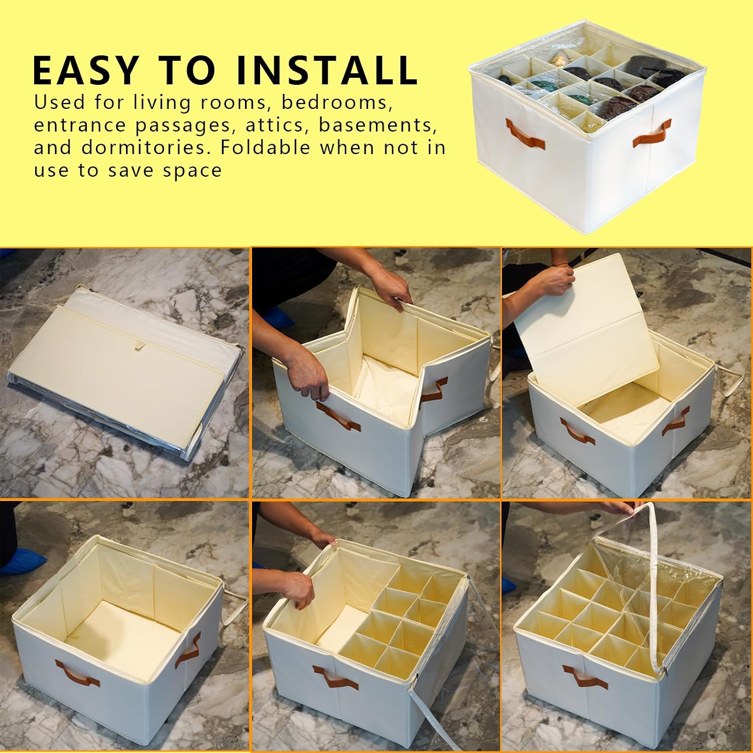 Shoe Organizer for Closet with Adjustable Dividers & Clear Cover - Fits up to 16 Pairs, Foldable Storage Box (Beige)