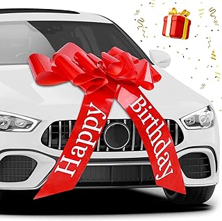 Lazo Grande para Coche, Lazo Rojo Grande 76 cm, Automontable Reutilizable Lazo de Regalo para Coche, Bicicleta, Navidad, Boda, Cumpleaños, con Ventosa y 4 Lazos Pequeños, Happy Birthday