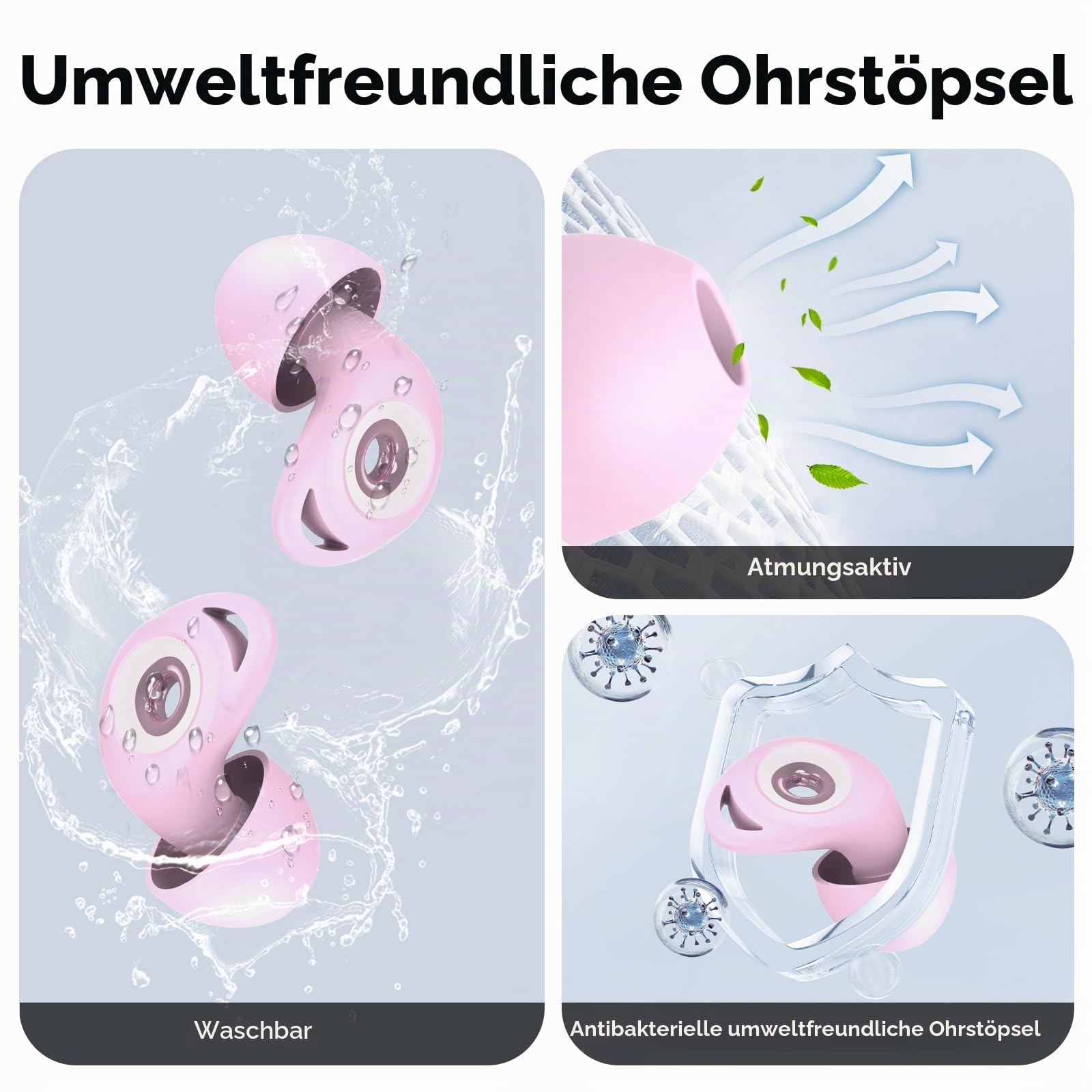 Ohrstöpsel zum Schlafen, 45dB Noise Cancelling Gehörschutz Earplugs, rosa | Weich und Wiederverwendbar, 8 Ohrstücken in 4 Größen (XS/S/M/L), Silikon Ohrenstöpsel für Flugzeug Konzert Schnarchen
