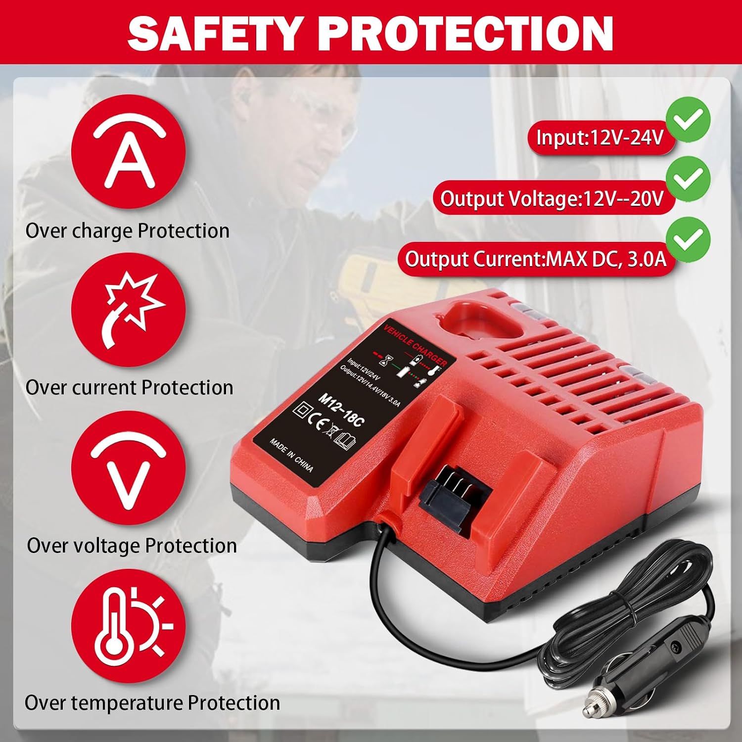 for M12 & for M18 Car Charger for Milwaukee 18V 12V Battery, Portable Quick Car Charger, 12V Cigarette Lighter Plug
