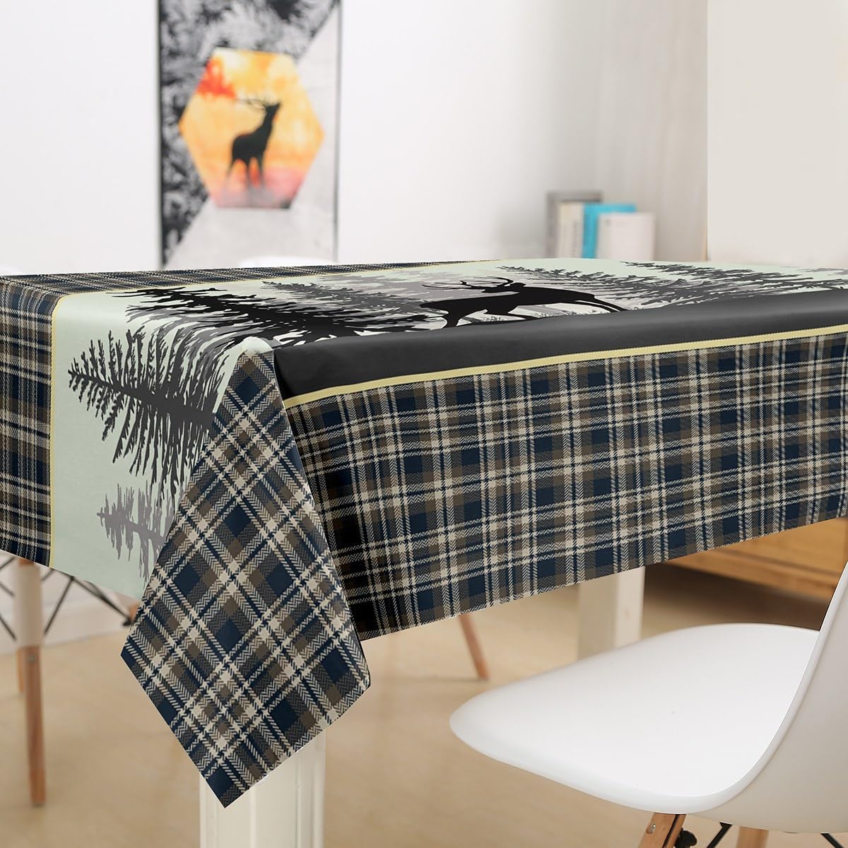 Deer Wildlife Table Cloths,Deer Antler Pine Hunting Lodge Decor Table Cover,Animals Rustic Farmhouse Grid Plaid Microfiber for Dining Kitchen Decorative,Tabletop Decoration 55"x94" Oblong/Rectangle