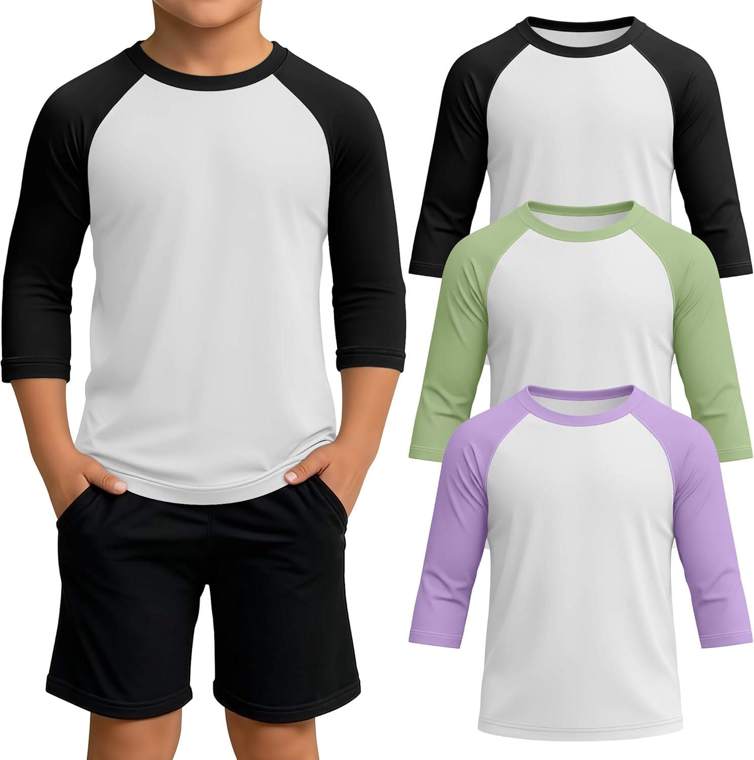 3 Pack Boy's Baseball Shirts 3/4 Sleeve Raglan Crew Neck Tops Athletic Casual Jerseys 5-14 Old