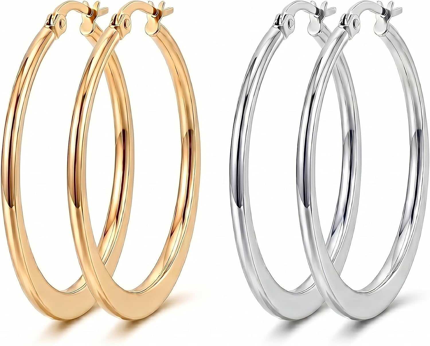 14K Gold Hoop Earrings for Women, 2 Pairs Set, Waterproof & Hypoallergenic, Yellow & White Gold Hoop Earrings for Sensitive Ears, Classic Shiny Lightweight Jewelry