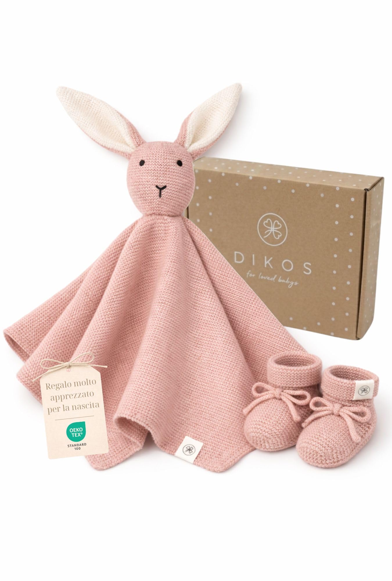 DIKOS® Doudou Neonato Coniglietto & Calzini Rosa Antico – Set Regalo Premium in Morbido Cotone Biologico Lavorato a Maglia (Oeko-TEX) – Copertina Coccole come Primo Peluche –Regalo Nascita Bimba