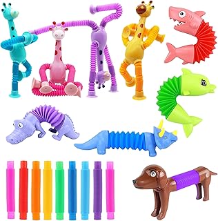 Telescopic Suction Cup Giraffe Toys, 18 Pack Pop Tubes Party Favors for Kids, Kawaii Animals Giraffe Pop Tube Sensory Toys for Classroom Prizes Stocking Stuffers (18 PCS)