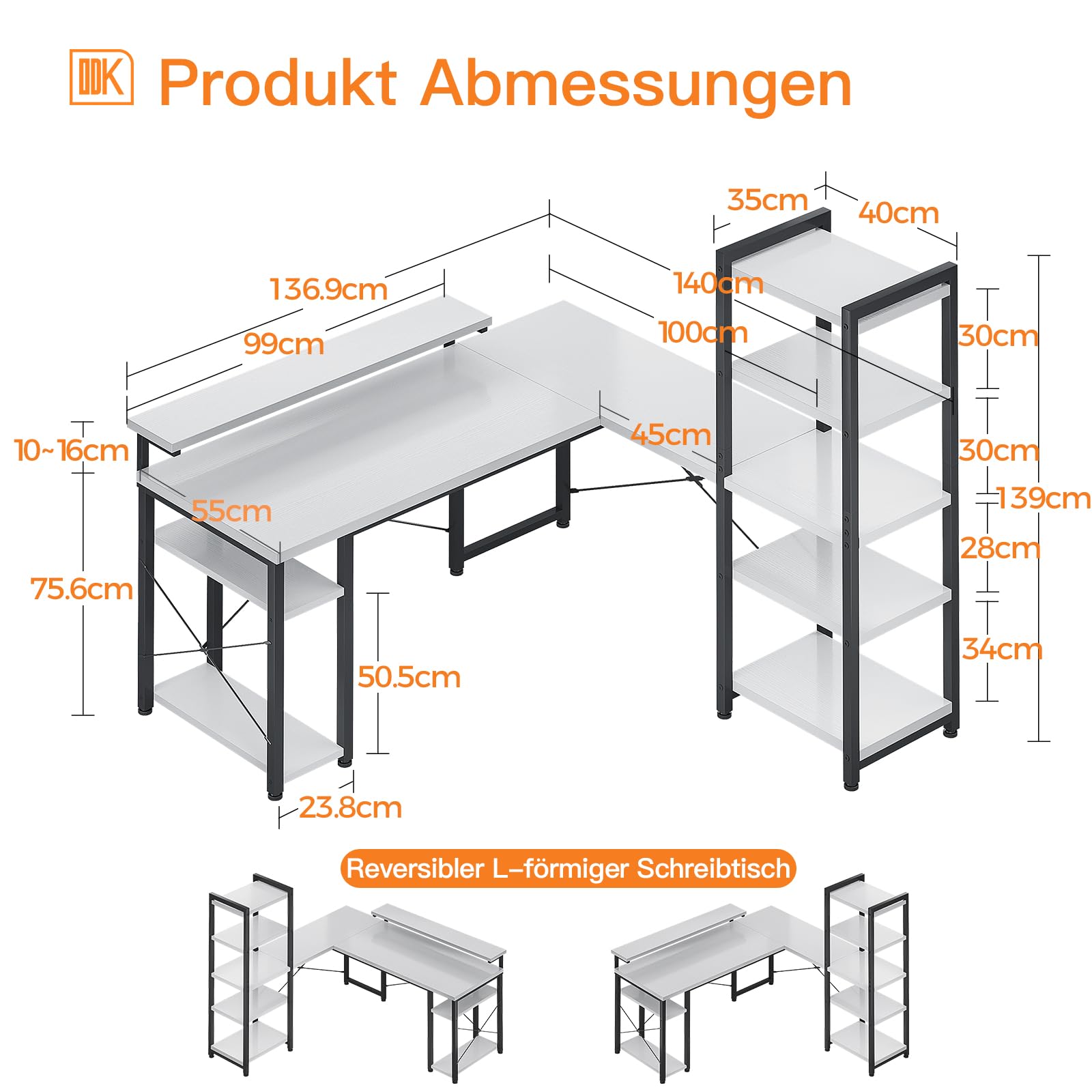 ODK Eckschreibtisch mit Regal, 137 × 140 cm, Reversibel, Weiß | Gaming Tisch und Schreibtisch in L-Form mit Stauraum und Ausstellungsfläche für Homeoffice und Büro