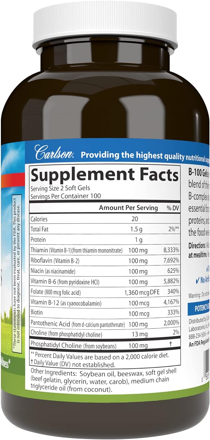 Carlson - B-100 Gels, High-Potency Vitamin B Complex, Energy Production, Cellular Support & Optimal Wellness, 200 Softgels