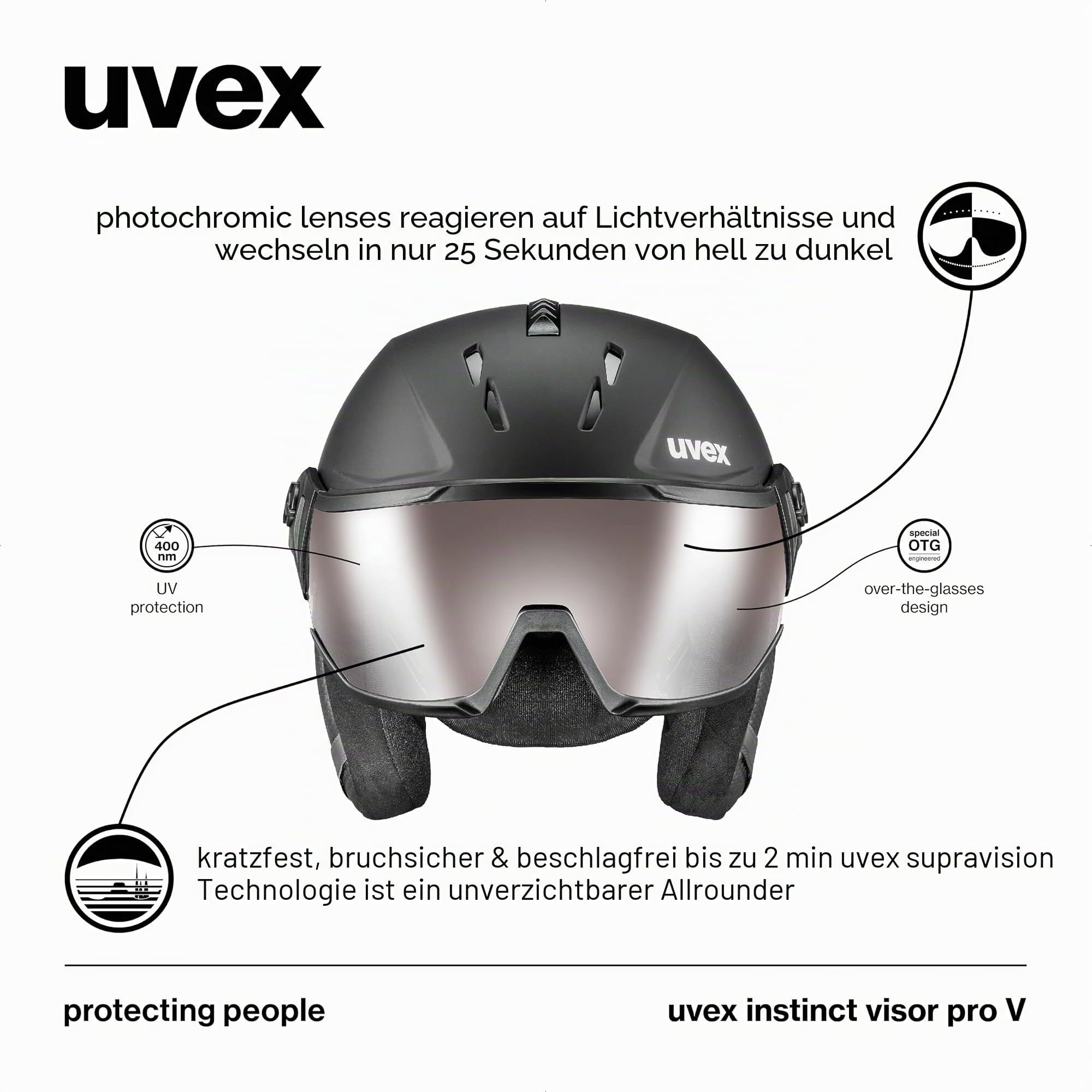 uvex Instinct Visor pro V Skihelm für Erwachsene, Männer Frauen Unisex, Variomatic Visier, Selbsttönend, Black matt 60-62