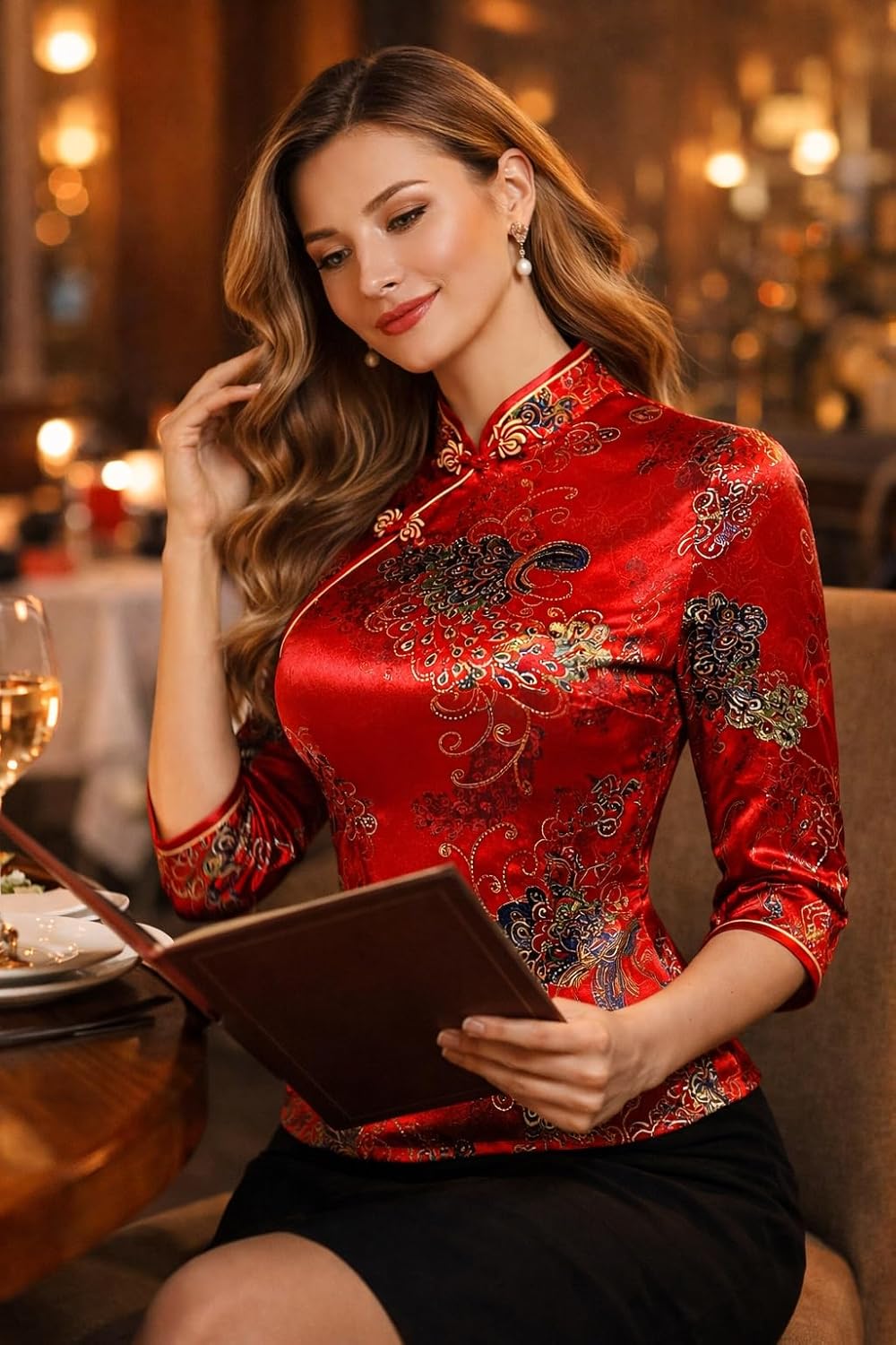 Lazutom Womens Velvet Chinese Cheongsam Blouse Mandarin Collar Frog Button Top 3/4 Sleeve Slim Fit Party Dinner Shirt - Image 3