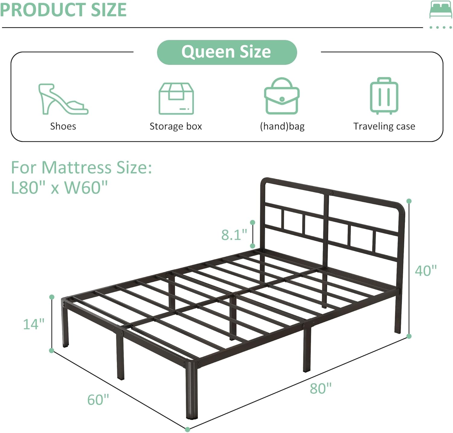 14 Inch Queen Bed Frame with Headboard, Heavy Duty Metal Queen Size Platform Bed Frame No Box Spring Needed with Rounded Corner Legs, Noise Free, Easy Assembly, Black - Image 2