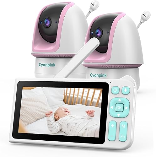 Monitor de video para bebés con 2 cámaras, rango de 2000 pies, HD de 1080p, pantalla de 5 pulgadas, sin WiFi, vista dual, batería de 5000 mAh,