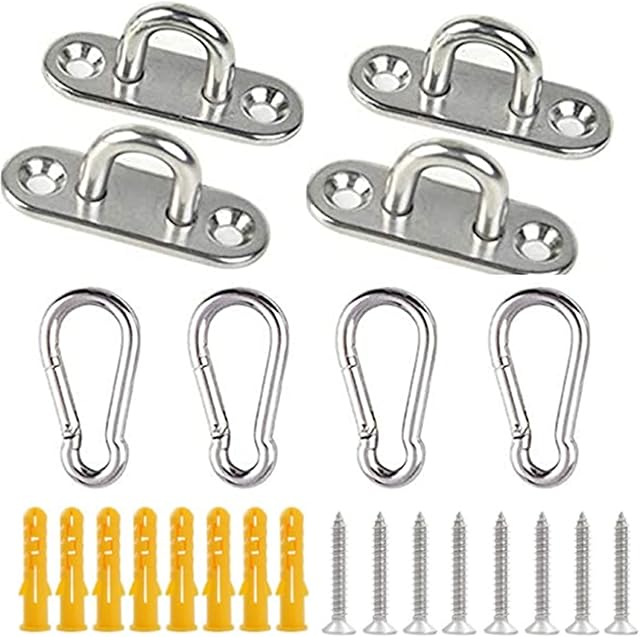 WUWYOUWL 4Pcs Stainless Steel Eye Plates and 4Pcs Carabiner Clips, Stainless Steel Snap Hook with Screws (M5-Oval)