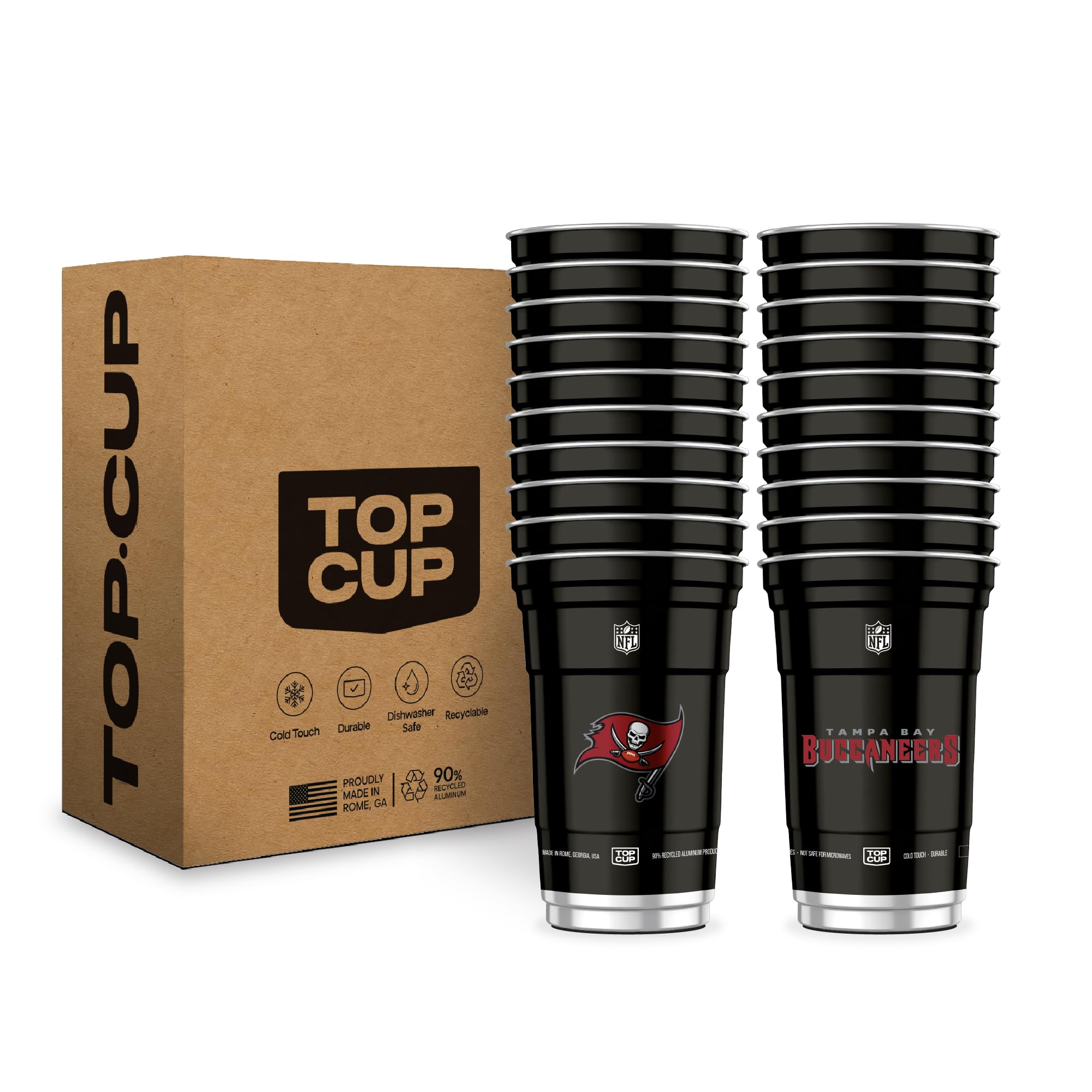 Top Cup NFL Tampa Bay Buccaneers 20 oz Reusable Aluminum Cups 20 Count | Officially Licensed, Durable, Reusable & Recyclable, Made in USA