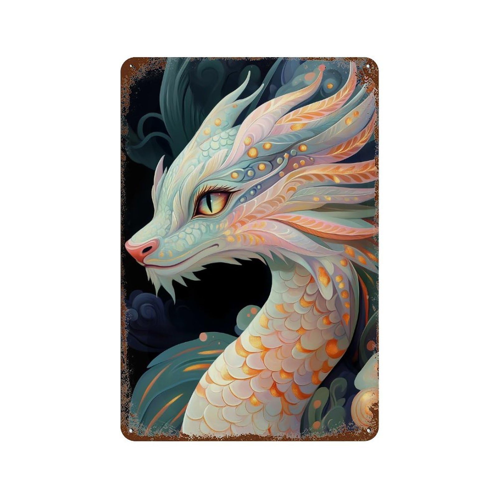 Rust Effect White Dragon Portrait Distressed Metal Wall Sign 11.8"x7.9", Shabby Chic Decor for Pub, Kitchen And Man Cave Decor