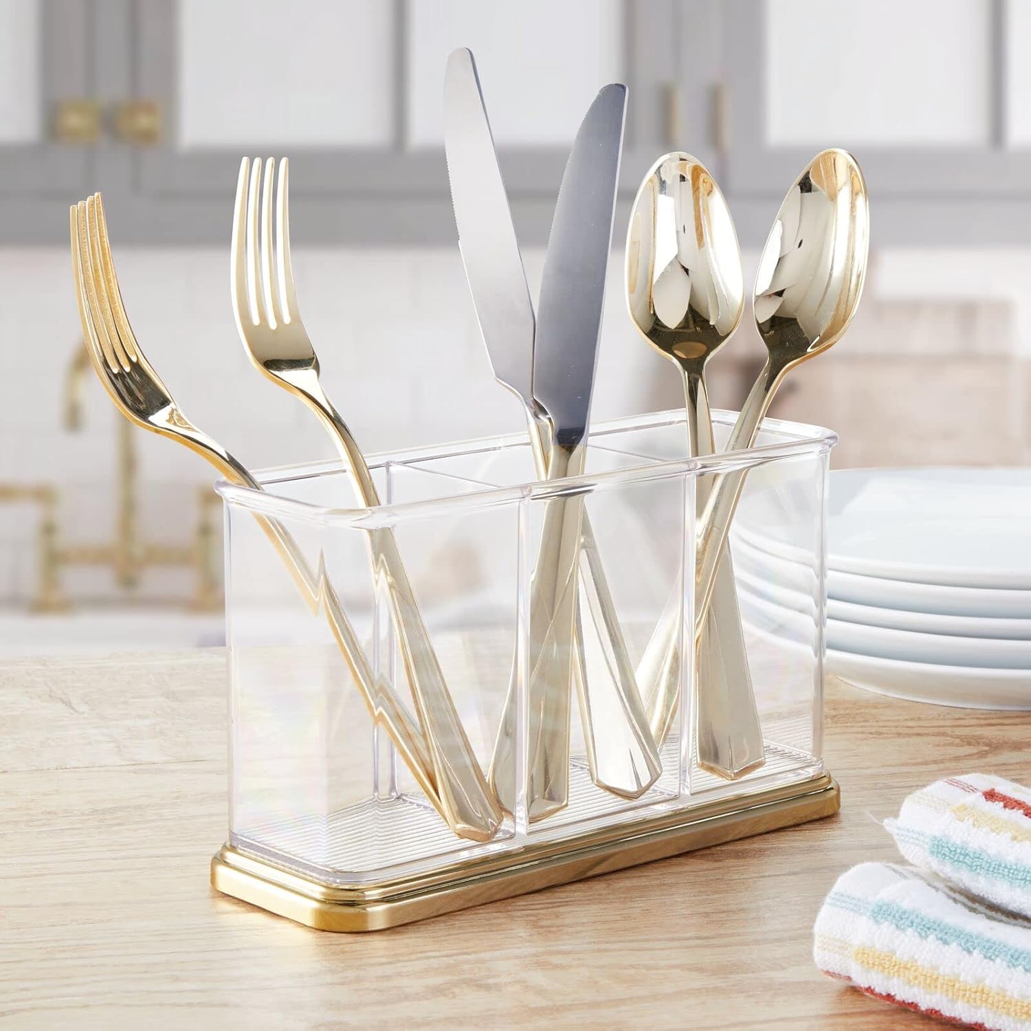 mDesign Plastic Cutlery Utensil Holder Storage Organizer Caddy for Kitchen Countertop Organization - Holds Fork, Knife, Spoon, Silverware - 3 Divided Sections - Hyde Collection - Clear/Soft Brass