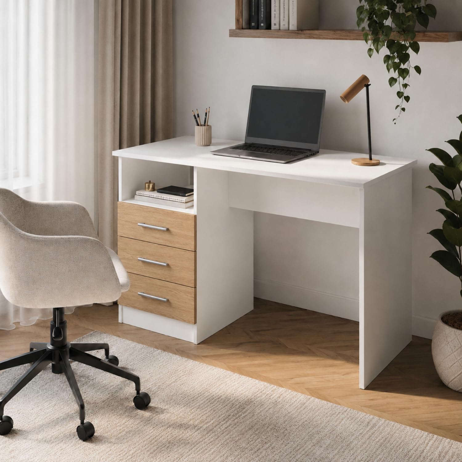 Scrivania Per PC Con Cassetti Laterali Mobile Salvaspazio Desk Da Studio Ufficio E Cameretta 120 X 72 X 48 Cm Bianco E Rovere