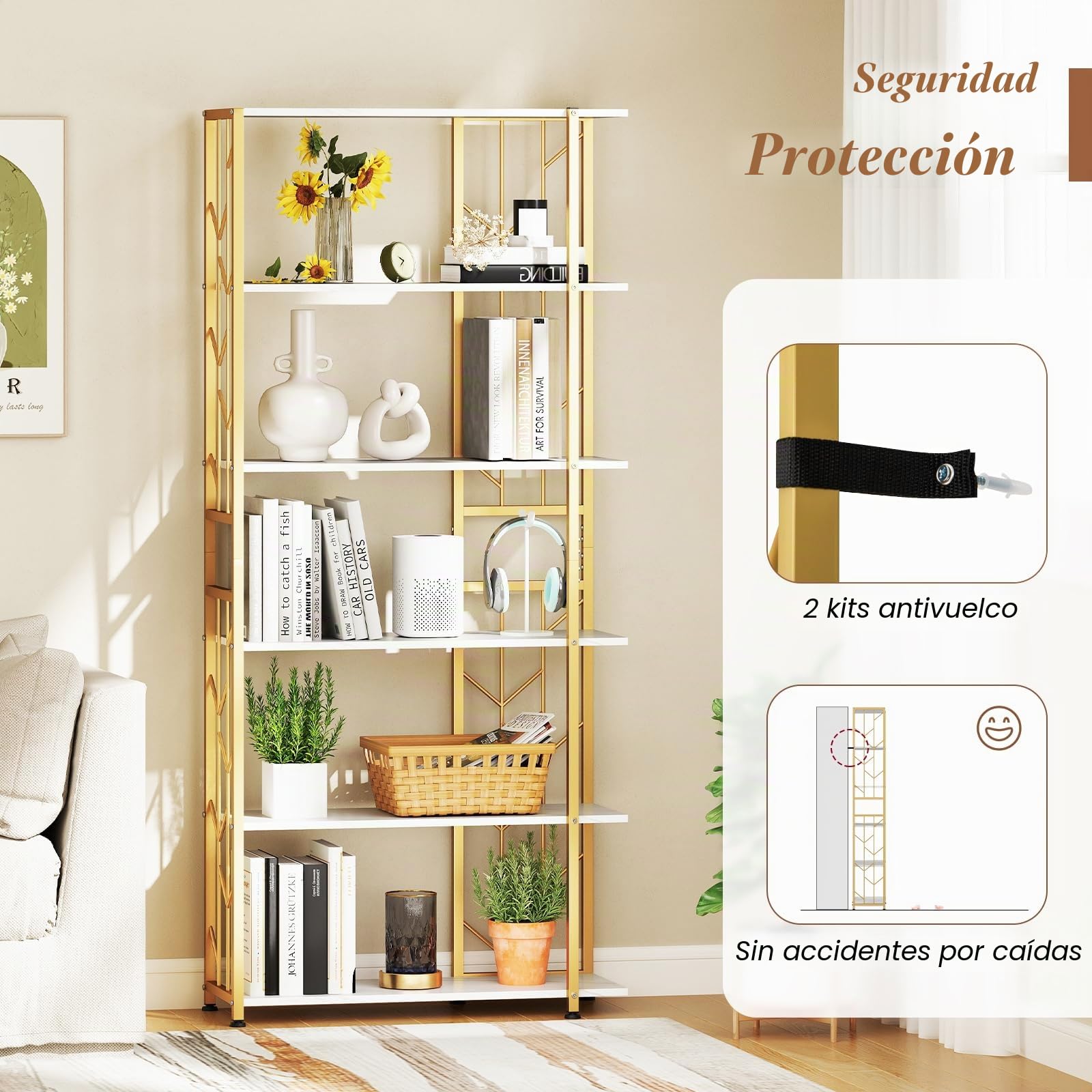 GIANTEX Librería de 6 Niveles con Estructura de Metal y Estantes Abiertos, 80 x 31 x 180 cm, Estantería de Almacenamiento para Salón, Oficina, Estudio (Blanco+Dorado)