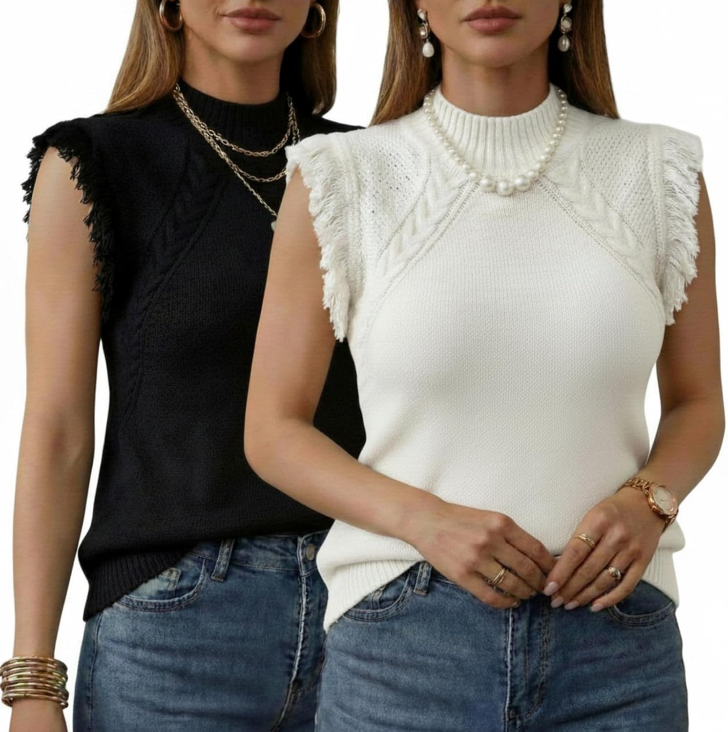 2 Pcs Women Sleeveless Sweater Vest Spring Cable Knit Fringe Sleeve Mock Neck Pullover Tank Tops Boho Sweater Vest