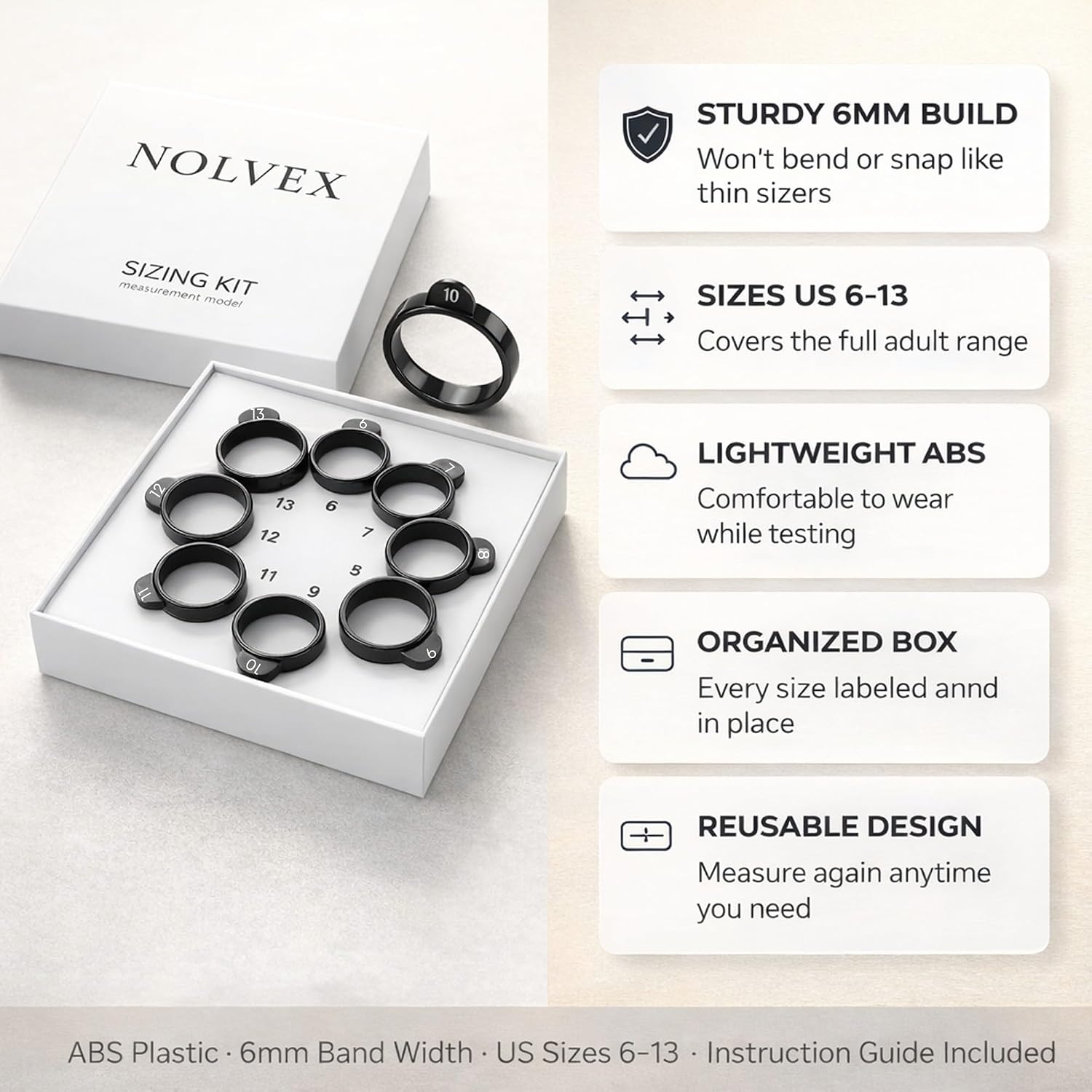 Smart Ring Sizer Kit - 8 Piece US Sizes 6 to 13, Reusable ABS Plastic Finger Measuring Tool with Storage Box and Fitting Guide, Men Women
