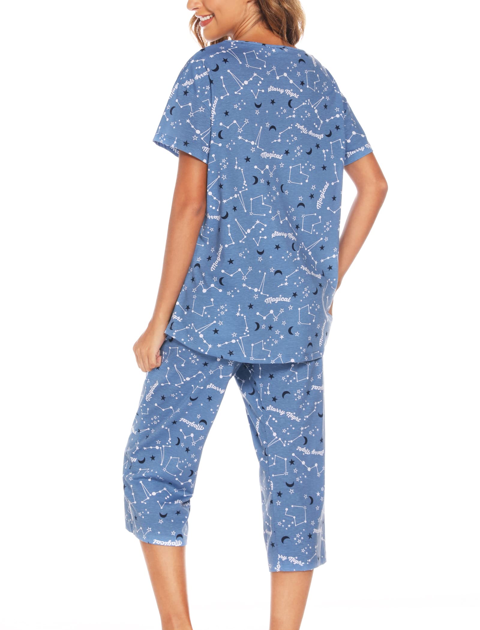 ENJOYNIGHT Damen Schlafanzug Baumwolle Sommer Kurz Pyjama Set mit Tasche | Kurzarm T-Shirt mit V-Ausschnitt, 3/4 Lange Capri Hose mit Kordelzug, Zweiteiliger Nachtwäsche