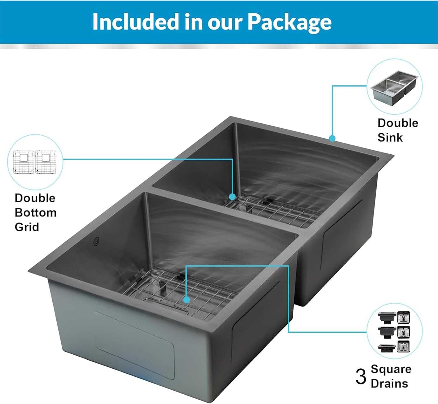 Strictly Sinks 32 Inch Undermount Double Bowl Kitchen Sink – Black Kitchen Sink Designer Shelf Accessory 16 Gauge Stainless Steel – With Bottom Grid, 1 Disposal Adapter and 2 Strainer Drains