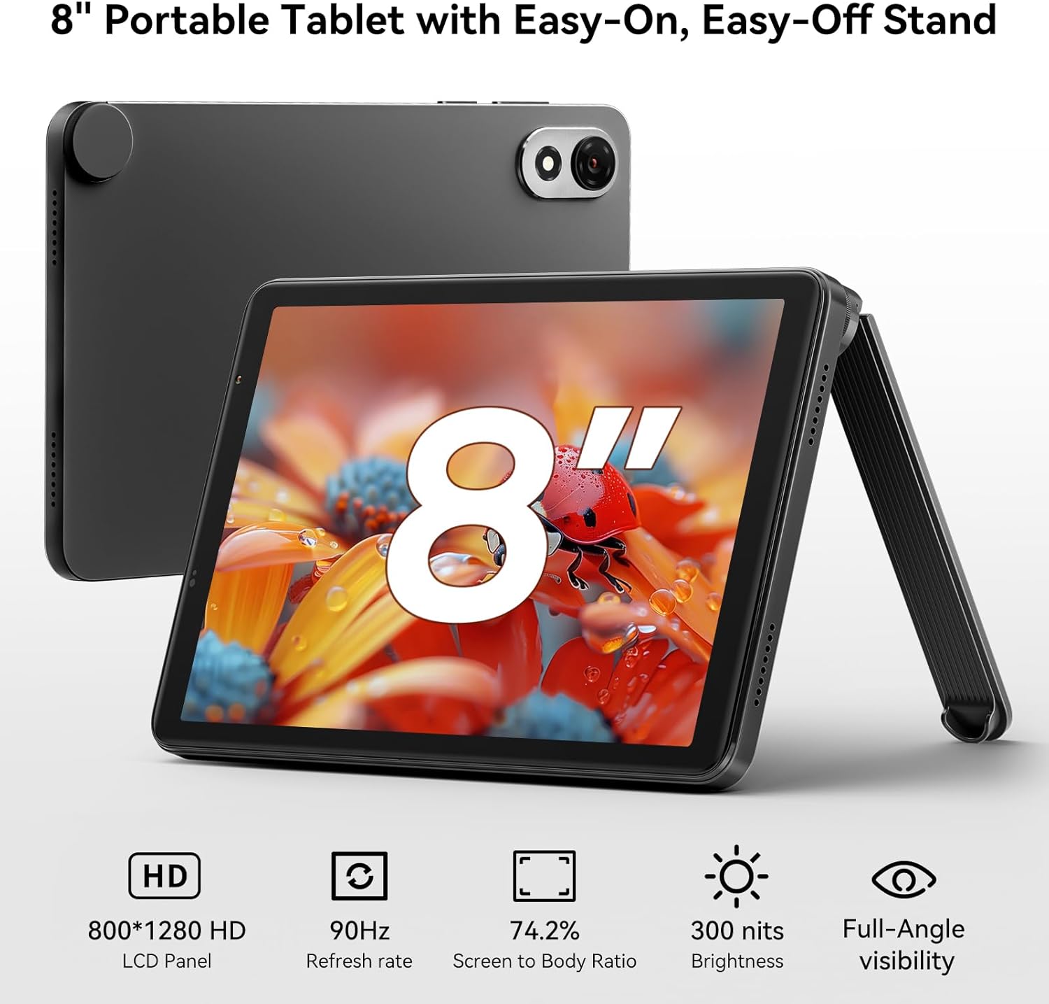 കറുപ്പ്view ZENO 1 tablet with detachable stand, showcasing its 8-inch HD display with 90Hz refresh rate.