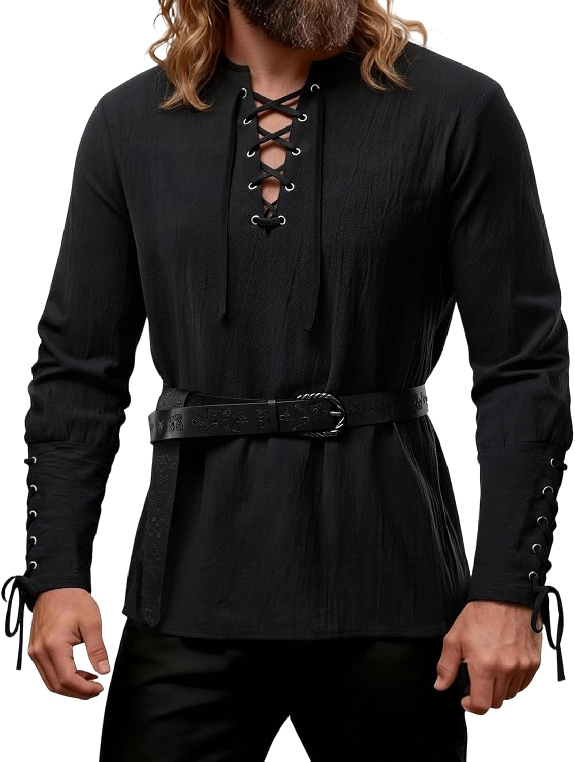 JEMITOP Men's Pirate Renaissance Cotton Arm Banded Shirt Long Sleeve Lace Up Costume for Medieval Viking Without Belt