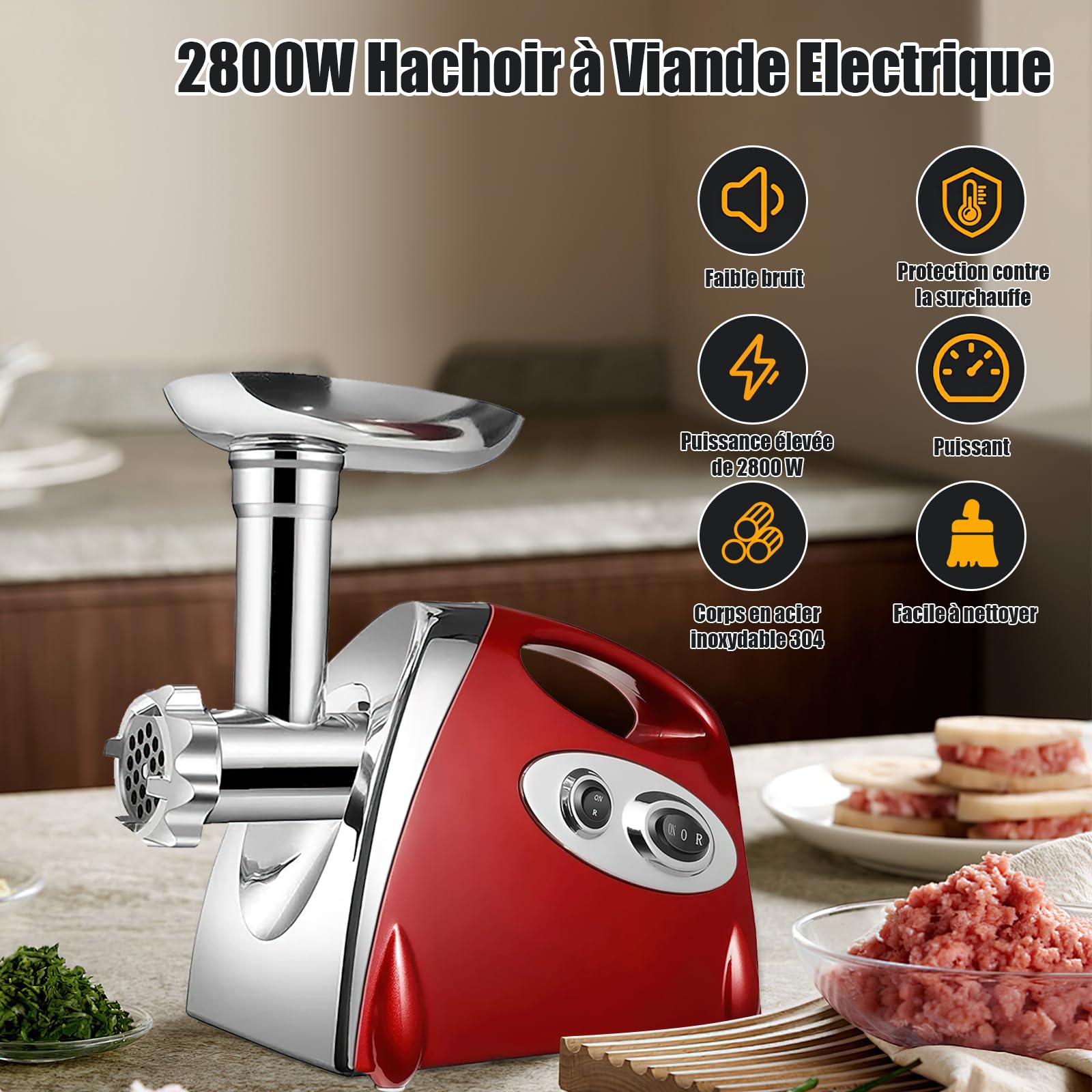 Hachoir Viandes Électrique, 2800W Hachoir Électrique, 3 en 1 Hachoir à Viande Acier Inoxydable avec 3 plaques de Broyage en Acier Inoxydable et Kubbe, Hachoir a Viande pour Légumes Saucisses (Rouge)