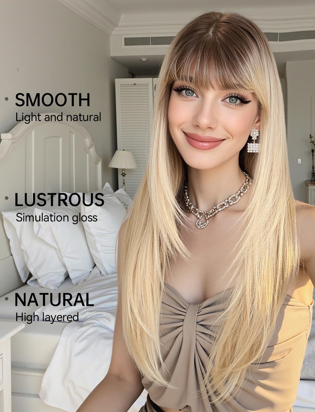 HAIRCUBE Long Straight Wigs for Women Blonde Color Layered Synthetic Wig with Fringe for Daily, 22 inches - Image 2