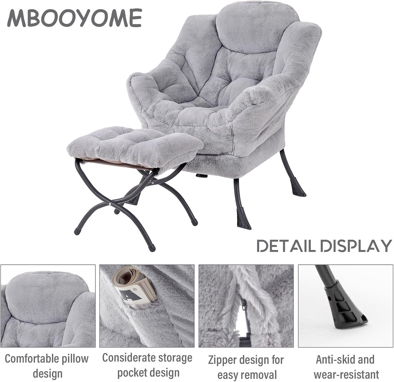 Lazy Chair with Folding Ottoman, Modern Accent Lounge Armchair with Armrests and a Side Pocket & Foldable Footstool, Leisure Reading Chair for Living Room, Bedroom, Dorm & Office, Plush Grey