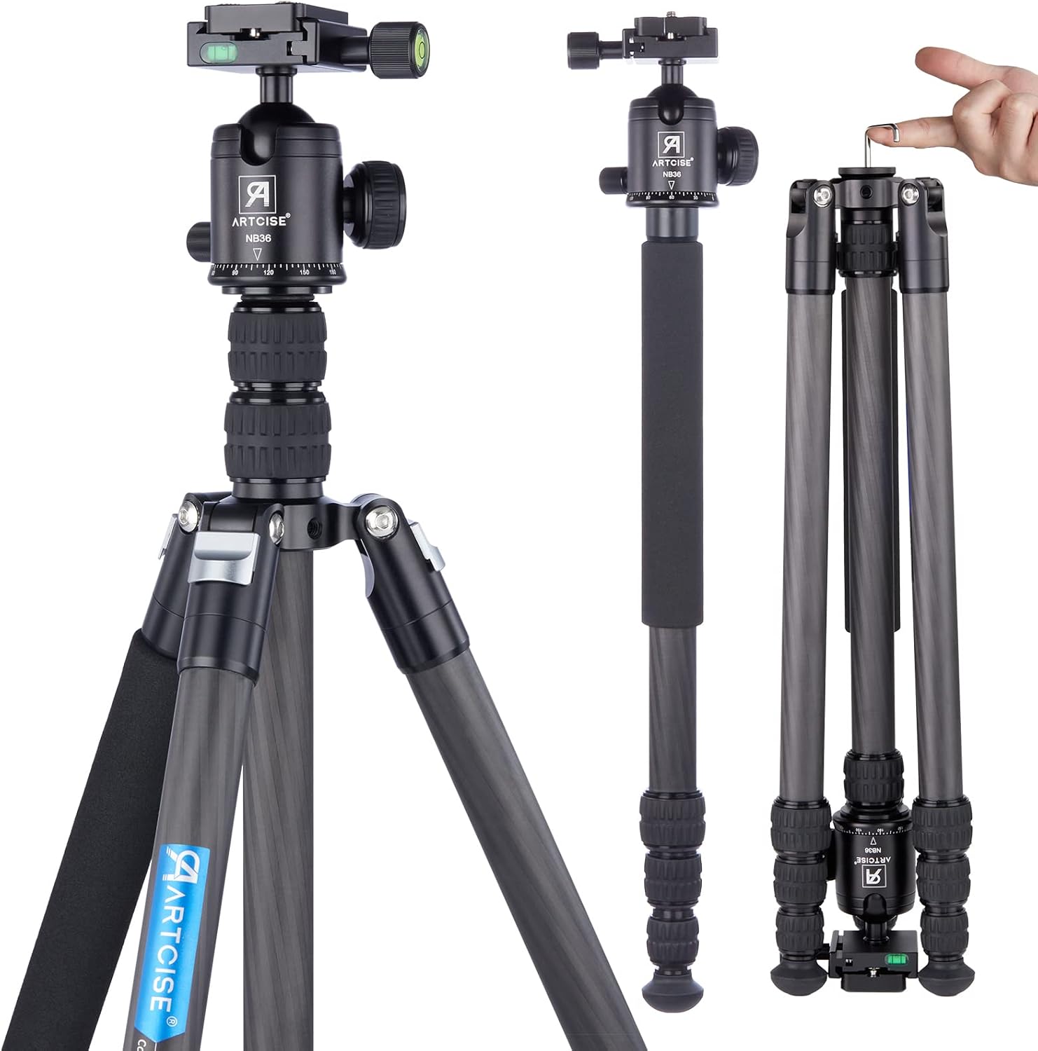 188cm/74″hign Carbon Fiber Tripod, ARTCISE AS35C Portable Lightweight Travel Tripod. 4section