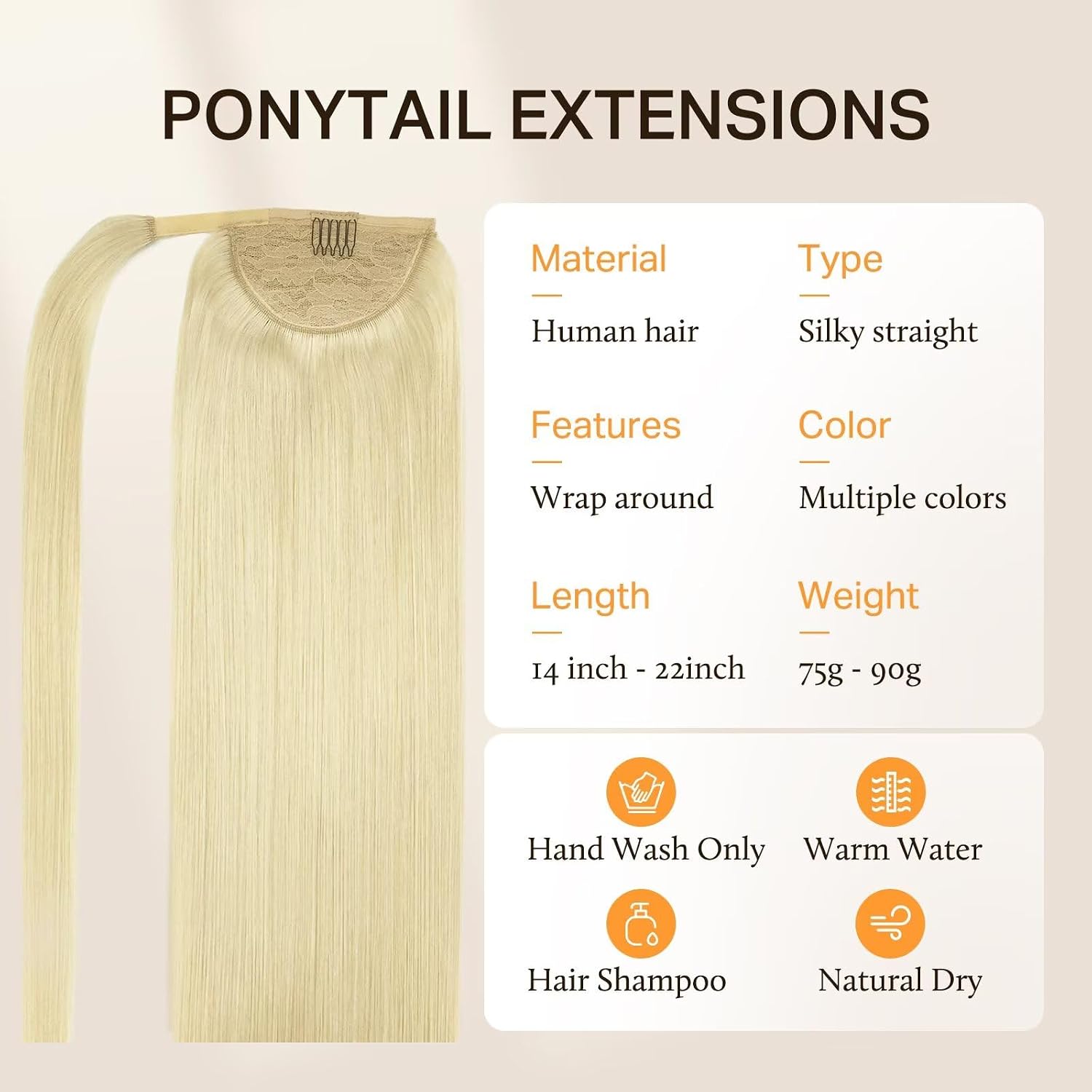 DOORES Human Hair Extensions Clip in Ponytail Extension Bleach Blonde 20 Inch 90g Ponytail Extension Real Human Hair Long Straight Wrap Around Ponytail Extension for Women Pony Hair