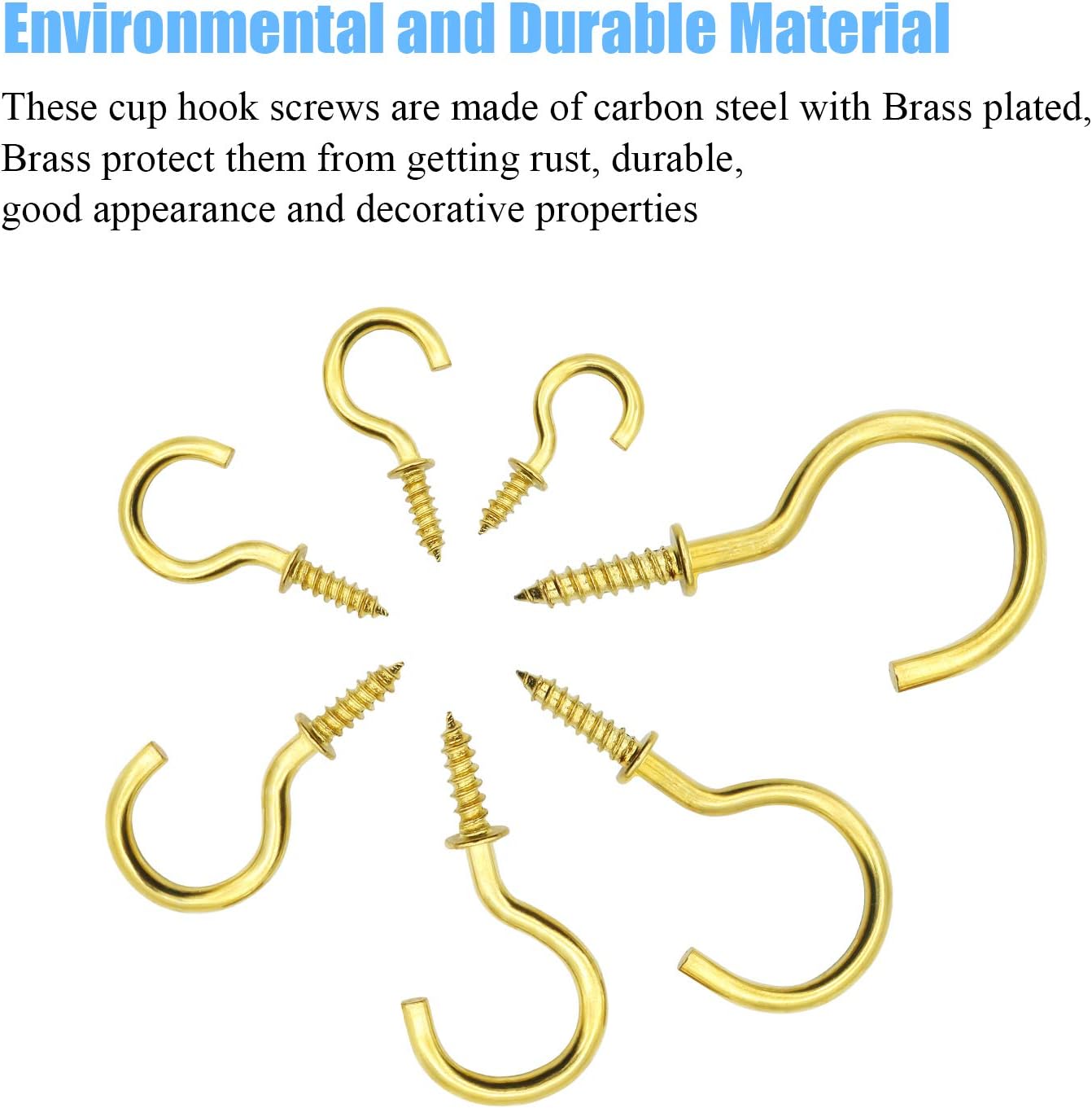 DYWISHKEY Cup Screw Hooks for Hanging, 136PCS 7 Sizes Cup Hooks Kit, Brass Plated Screw-in Cup Hooks for Home, Office and Workplace (1/2", 5/8", 3/4", 7/8", 1'', 1-1/4", 1-1/2")