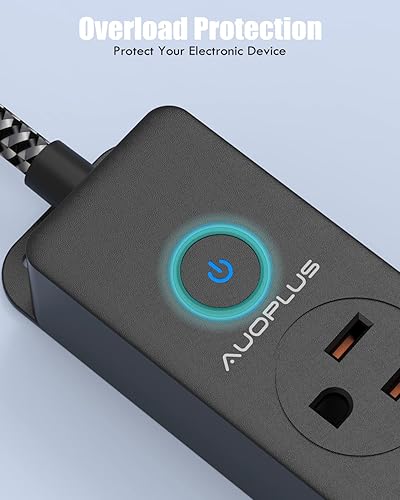 Miniatura 6 de Regleta de alimentación de 10 pies con puertos USB C, 5 tomas de corriente, 3 puertos USB, cable de extensión trenzado de enchufe plano, tiras de