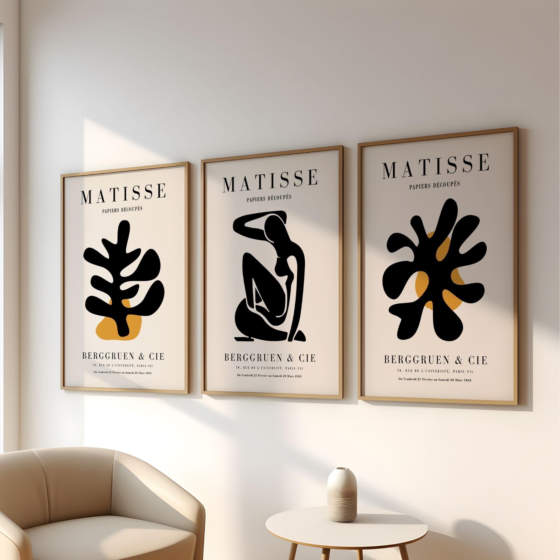 ARTINSPIRIO Henri Matisse Papiers Découpés 3er Poster Set in Schwarz und Gold mit abstrakten Formen, Minimalistische Kunstdrucke für Wohnzimmer, Schlafzimmer oder Büro, Poster ohne Rahmen (A2)