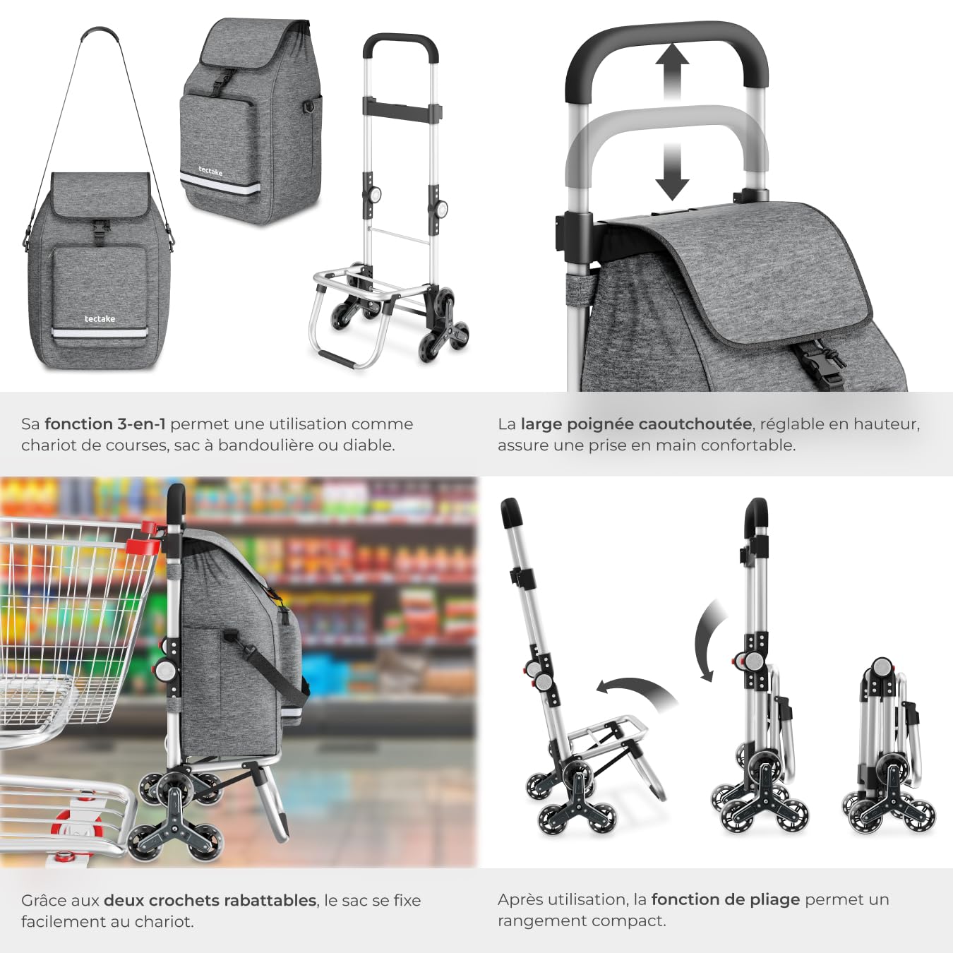 tectake® Caddie de Courses 56L, 3en1, Chariot de Courses, Sac à Bandoulière, Diable, 2 Roues étoiles Tout-Terrain, Compartiment Isotherme, Chariot à roulettes Pliable, Caddie, Cabas Roulette Marché