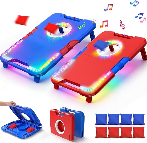 TERRAMUS Set de Tableros de Cornhole Illuminados con Efectos de Sonido,2 Tableros Plegables y 8 Bolsas de Frijoles,Juego de Lanzamiento Portátil para Exteriores,Juguetes para Fiestas,Regalo para Niños - 1