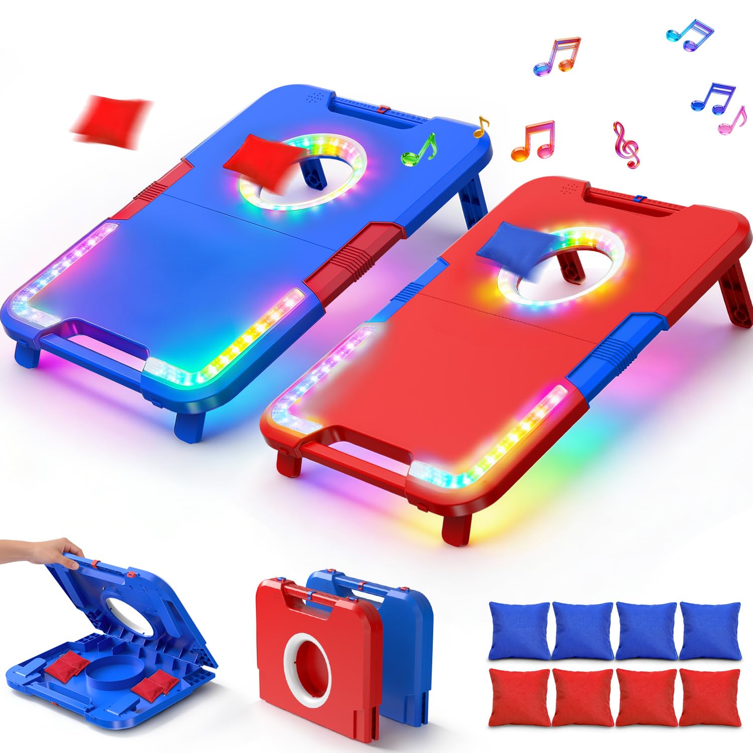 Jeu de Cornhole Illuminé avec Effets Sonores, 2 Planches Pliables & 8 Sacs de Fèves, Jeu de Lancer Portatif pour Extérieur,Jouets pour Fêtes dans la Cour & Camping,Cadeau pour Enfants et Famille,6-12+
