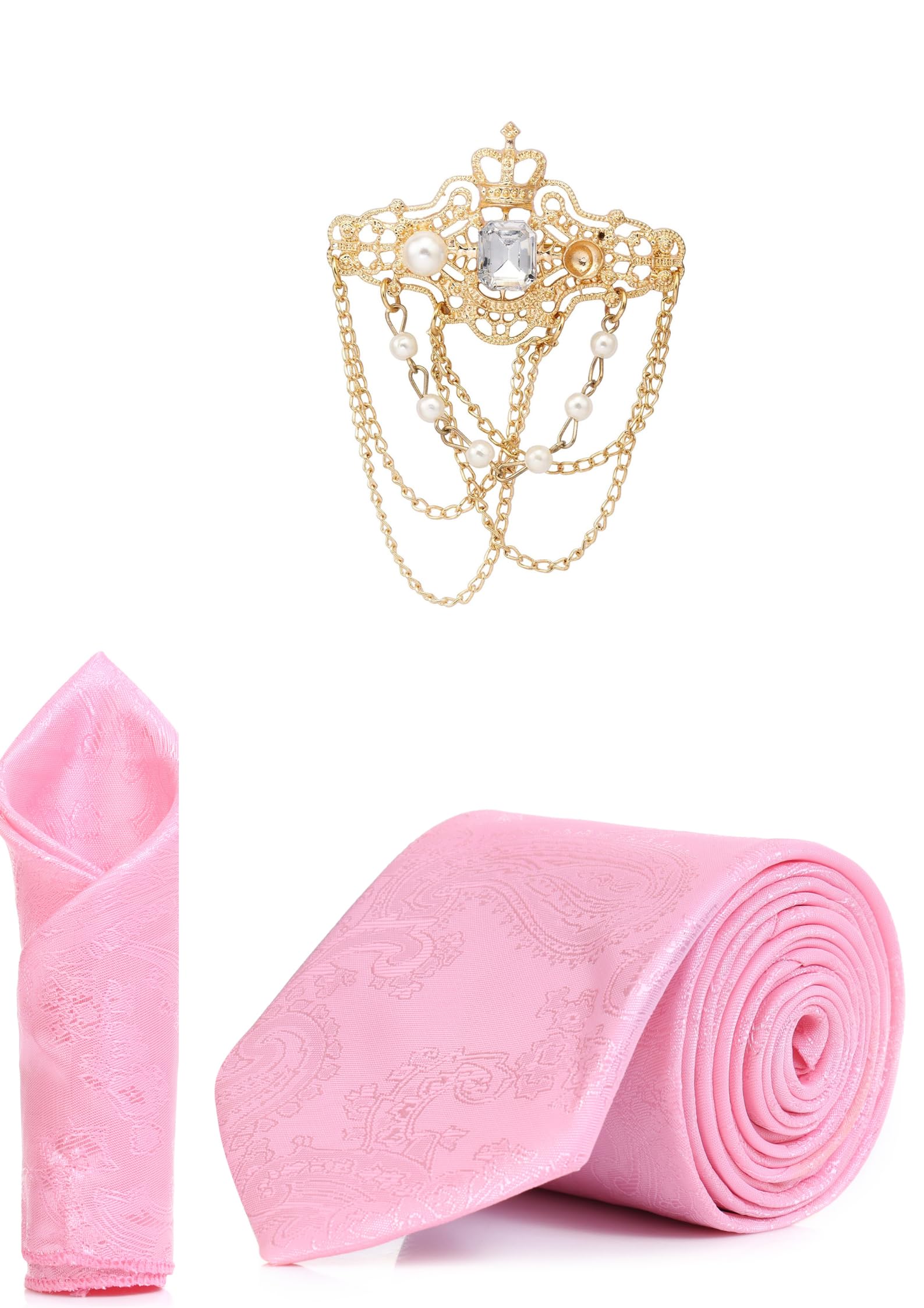 Necktie With Stylish Brooch & Pocket Square Set For Men (3 Item in the Box) Jacquard Self-Design Fabric-picture-48
