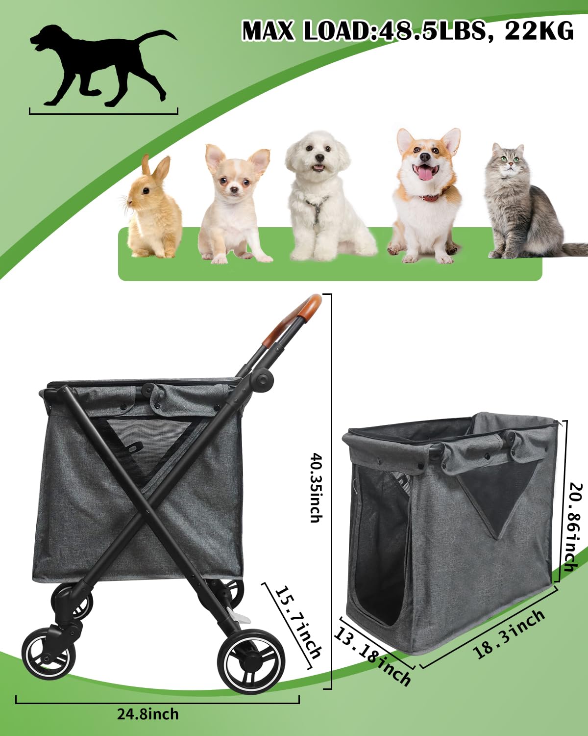Folding Shopping Cart Utility Cart with Wheels for Grocery, Laundry, Shopping Trolley, Pet Stroller for Dog/Cat 70 L