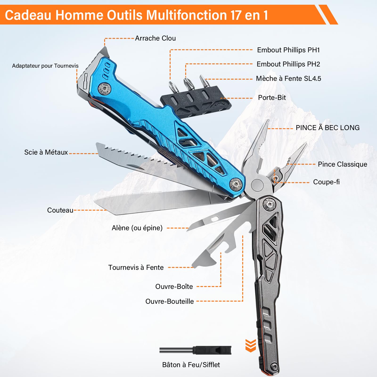 Pince Multifonction en Acier Inoxydable 17 en 1, Couteau Multifonction avec Sac, Outil Multitool Scie Embouts Tournevis Ouvre-Bouteille pour Camping, Extérieur, Randonnée, Survie, Réparation