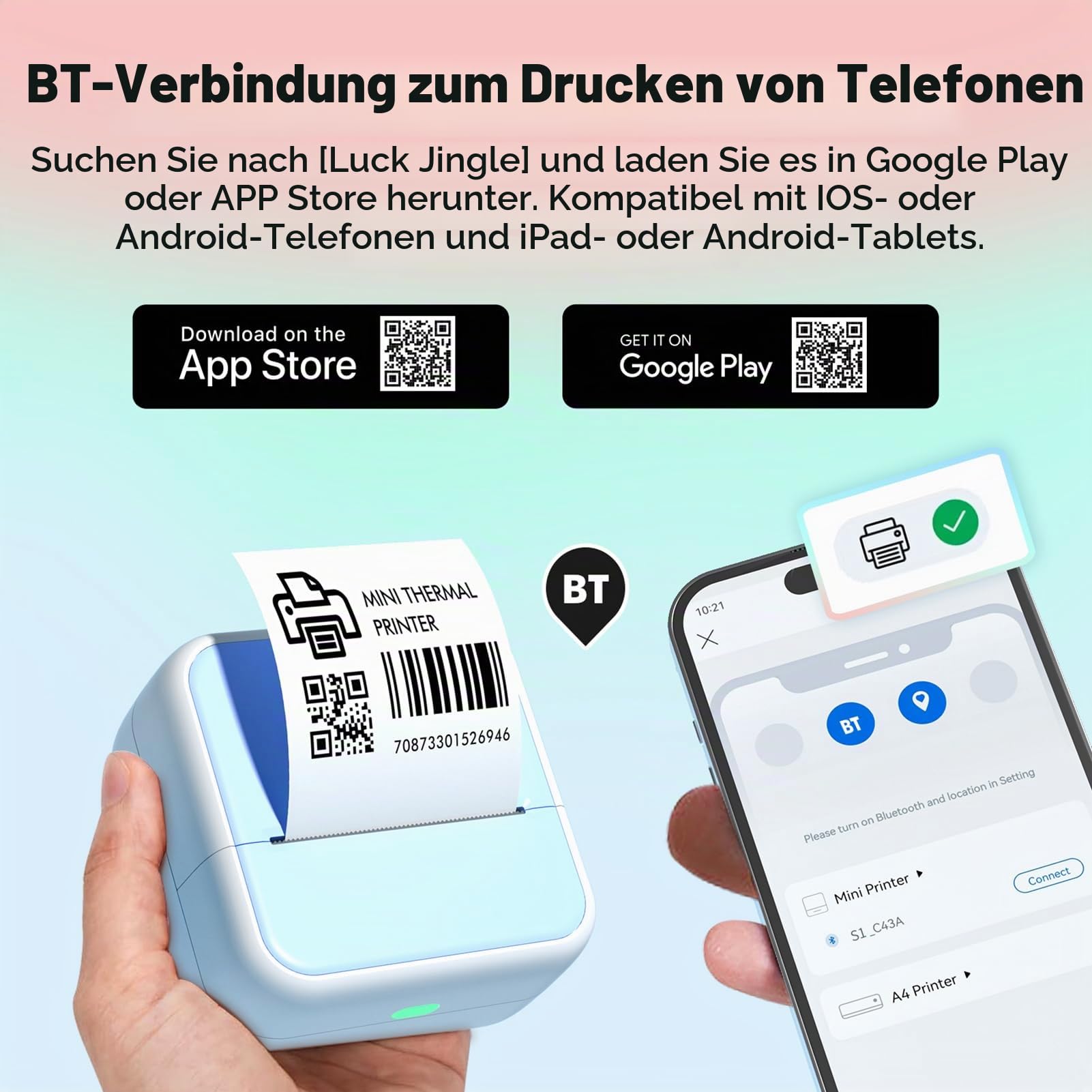 Bisofice S1 Mini Drucker für Smartphone mit 11 Rollen Druckerpapier, Sticker Drucker Aufkleber, Mini Thermodrucker Bluetooth Fotodrucker für Studiennotize, DIY,Journal,Etiketten, Blau