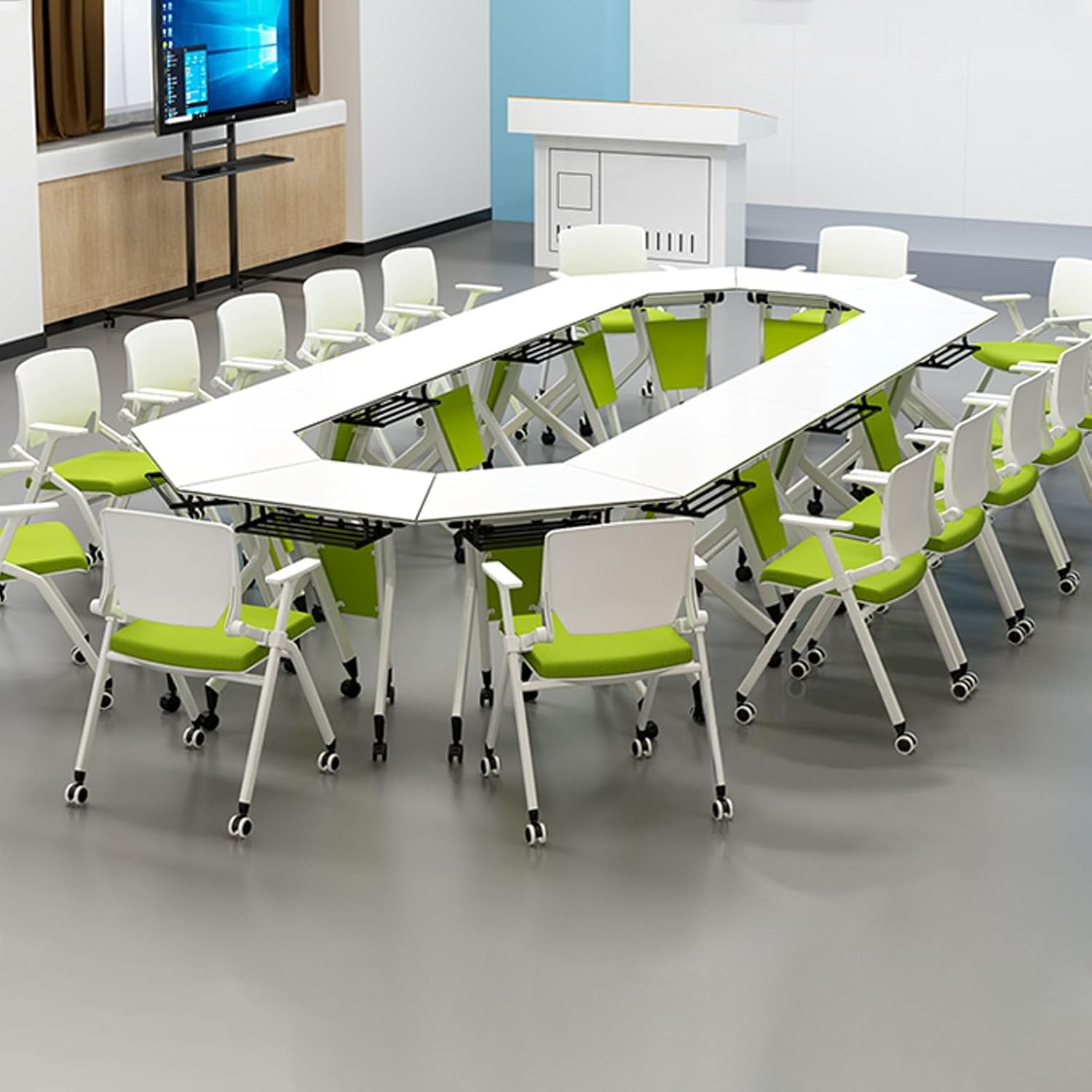 Folding Conference Table, Trapezoidal Flip Top Mobile Training Table, with 360°Locking Wheels, Baffle and Storage, for Media Centers, Classrooms (Color : Natural, Size : 29.5x21.7x29.5)