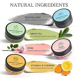 SHVYOG 4Pcs Face Mask Set - Turmeric Clay Mask, Vitamin C, Green Tea, Rose, Dead Sea Mud Mask, Skin Care Mask for Deep Cleansing, Refining Pores, Stocking Stuffers for Women, Gifts for Women- 240g