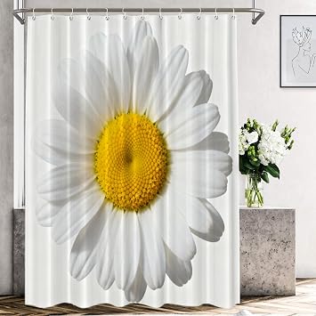 Shrahala White Flower Dog Daisy Shower Curtain, Close up of a Marguerite Daisy Flower w/12pcs Hooks Waterproof Washable Polyester Fabric Bathroom Curtains72x72 in