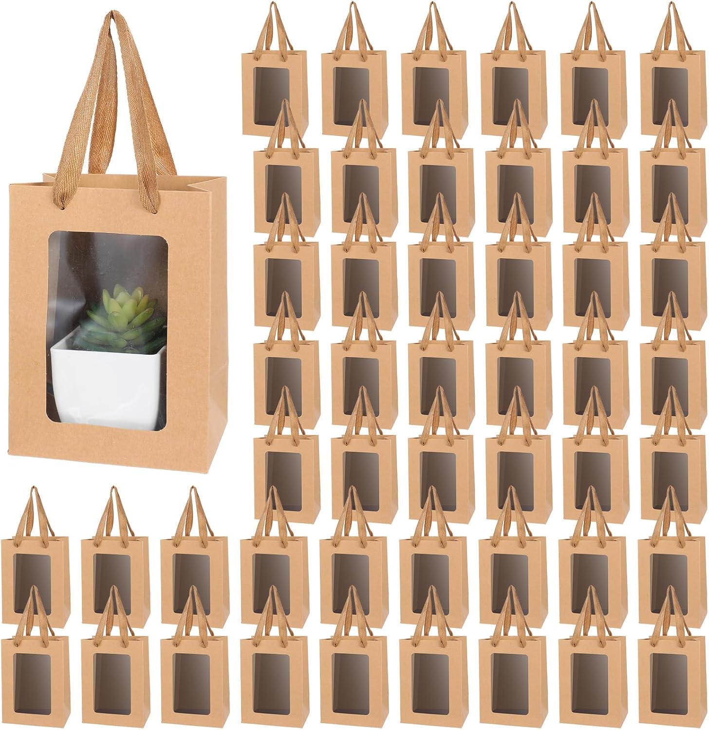 mekueeex 50 Pieces Paper Gift Bag with Transparent Clear Window 7.9 x 5.9 x 3.9 Inch Kraft Bags with Handles for Bridal Baby Shower Graduate Father Day Birthday Party Supplies(Brown)