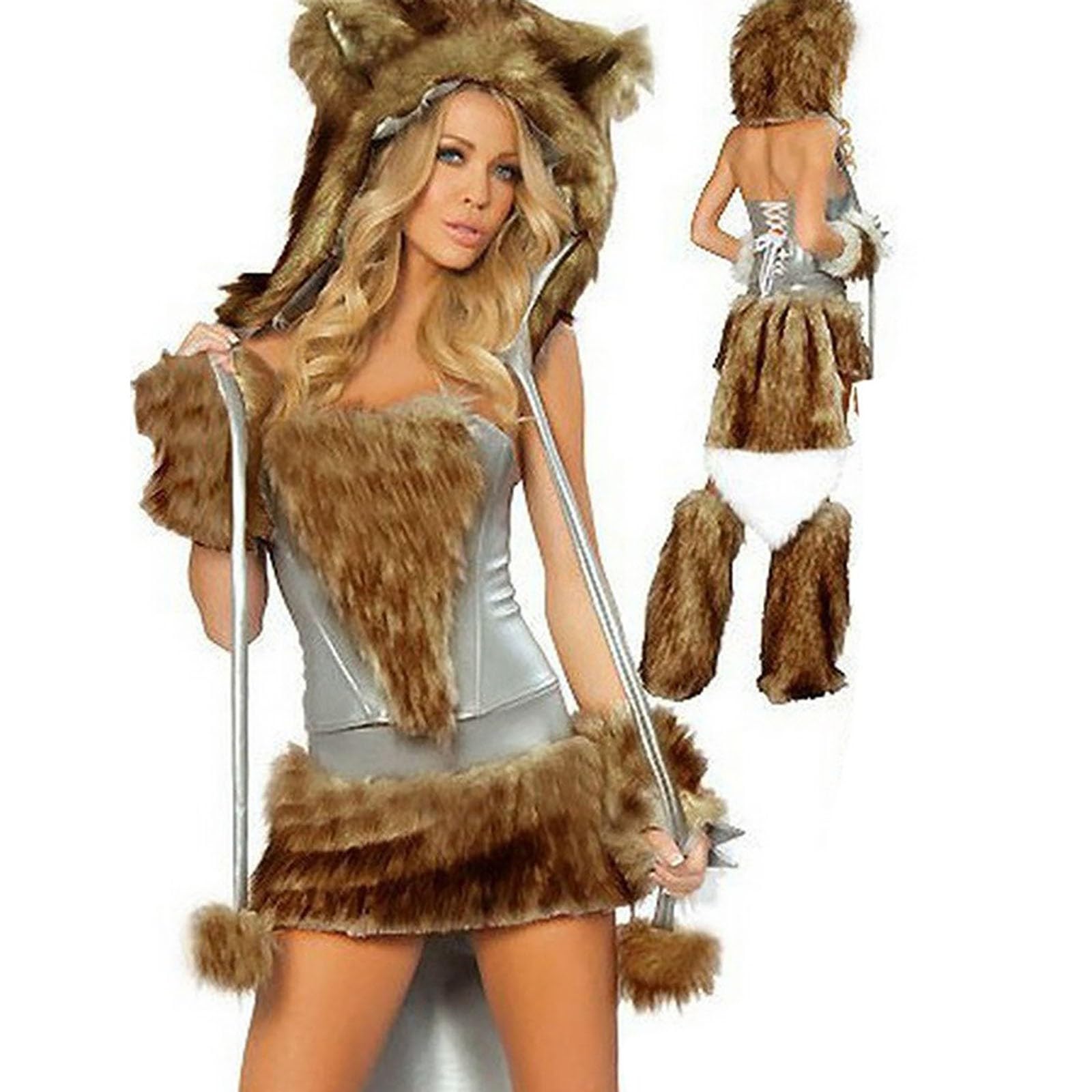 Celanisai Carnival Costumes Women's Pirate Costume Leopard Wild Cat Costume Leopard Fox Outfit Faux Fur Cosplay Dress Plush Cat Ears Party Dress Carnival Halloween Cat Costume Theme Party, Q Brown