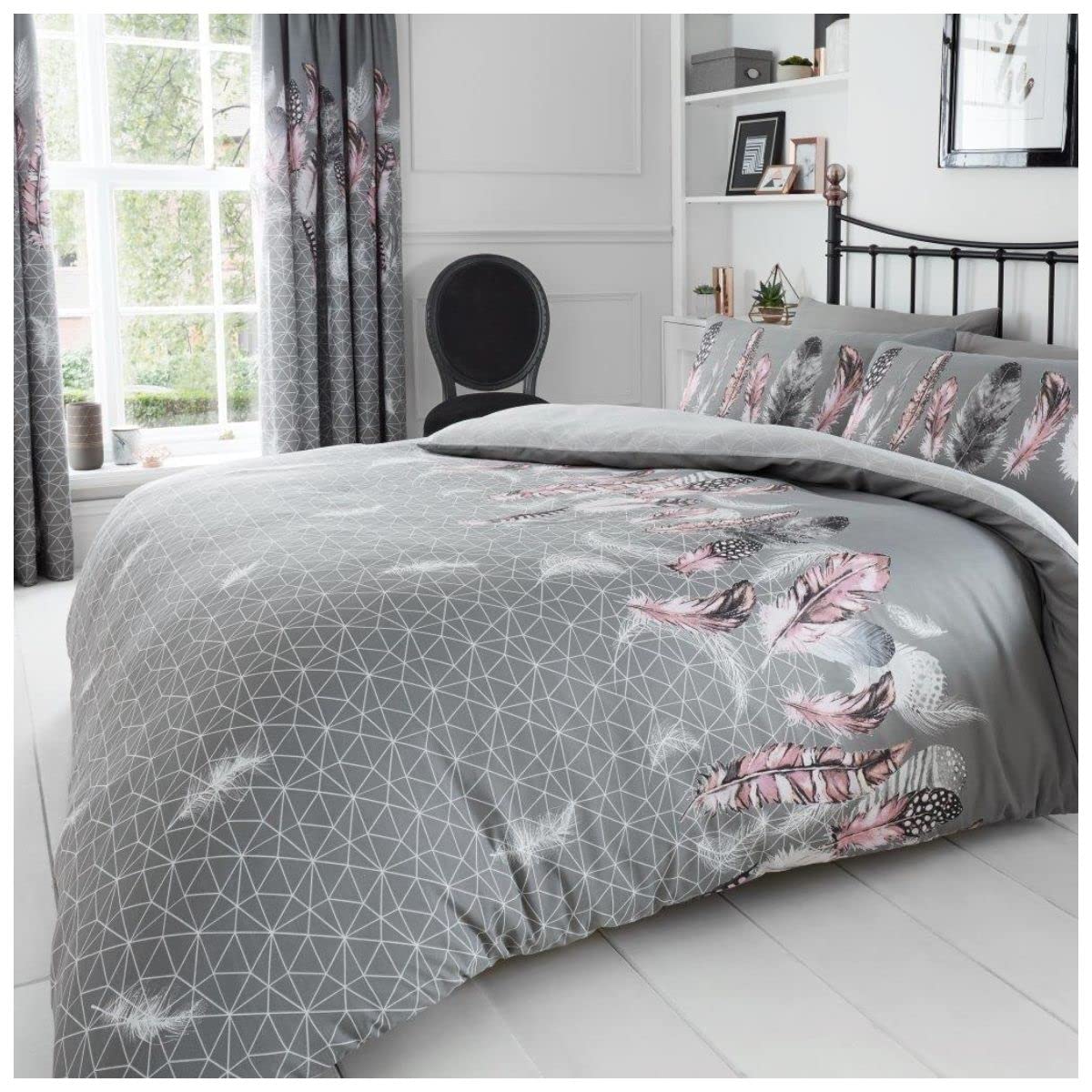 GC GAVENO CAVAILIA Reversible Duvet Cover, Feather Double Bedding Set, Polycotton Quilt Cover With Pillowcases, Grey