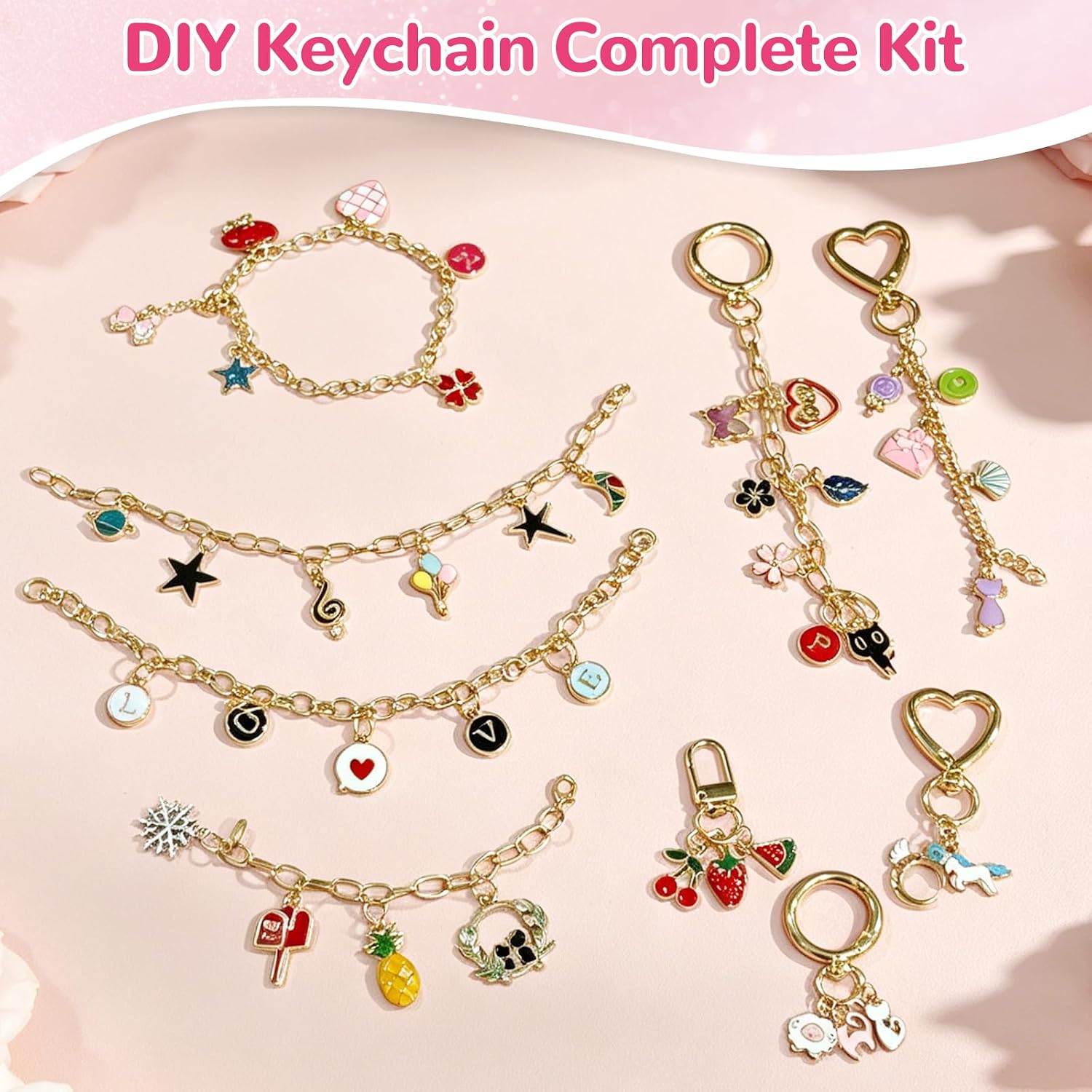 Kamitaly 544Pcs Charms Lip Gloss Keychain Making Kit, DIY Jewelry Making Supplies with Pliers Hole Punch Tweezers, Ribbon Bows and Heart Gift Bags Bag Charm Kit for Birthday Holiday Gifts