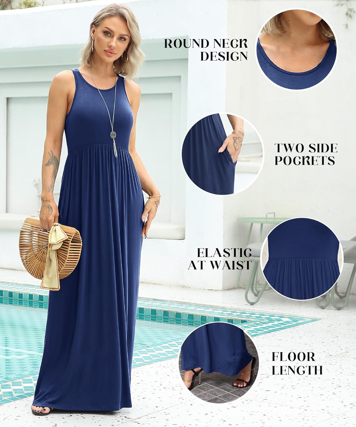 EUOVMY Women's Sleeveless Dress Casual Plain Loose Summer Long Maxi Dresses with Pockets - Image 4